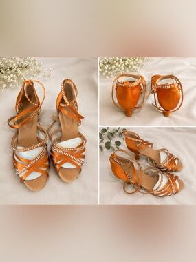 Women's Orange Satin Strappy Dance Heels with Rhinestone Accents